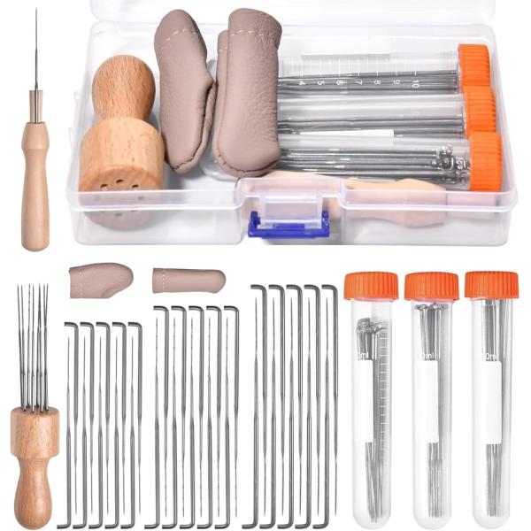 「セット内容」細・中・粗突針各10本、単突針 1本、八つ目針 1本、牛革製フィンガーコット 1組、突針収納バケツ 3個、収納箱 1個 。「突き針」高品質の金属製で、丈夫で耐久性があり、粗い針は針刺しの作業のごく初期に、中くらいの針は作業の途...