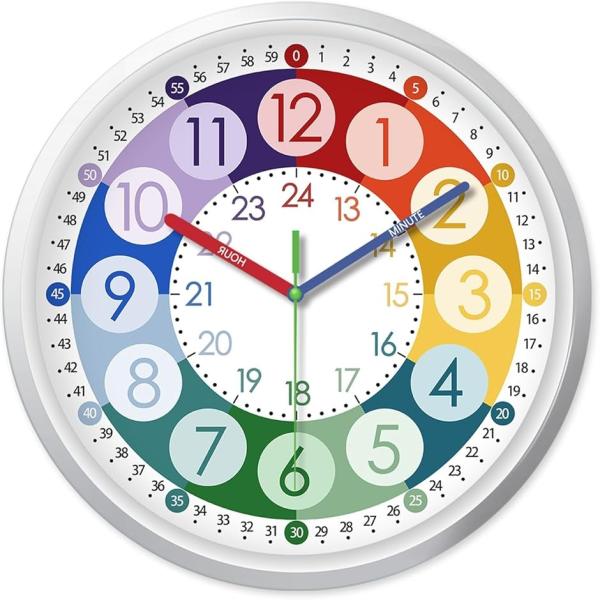 バリエーションコード : 2BUQLXP2KI見やすい大きな数字と色分けデザイン24時間表示付きで時間学習に最適静音設計の連続秒針で快適な学習空間カラフルな配色が子供部屋に映える壁掛け対応で設置も簡単