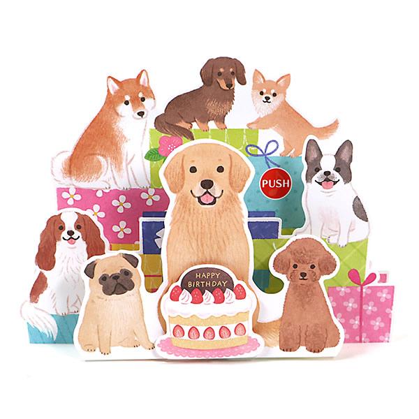 人気の犬種8匹（トイプードル・ゴールデンレトリバー・パグ・フレンチブルドック・キャバリア・チワワ・ダックスフント・柴犬）が3層からなるパーツで立体になります。ボタンを押すと犬の鳴き声で「HAPPY BIRTHDAY TO YOU」のメロディ...