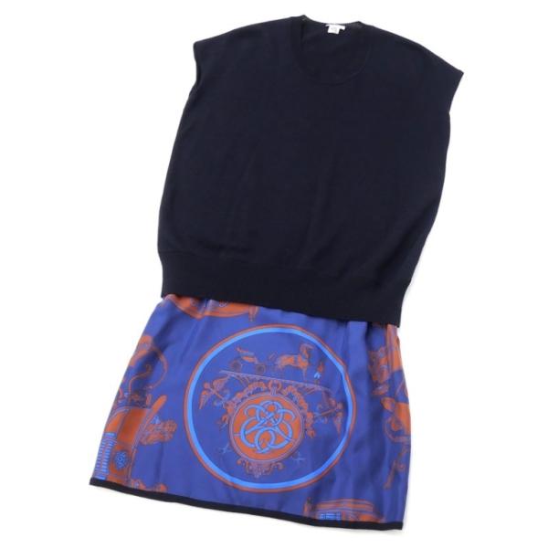 極美品❢エルメス　HERMES　ノースリーブ カットソーワンピース HERMES エルメス 切替ノースリーブニットワンピース 黒×ブルー