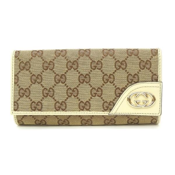 グッチ GUCCI 三つ折り長財布 GG ベージュ×白 キャンバス×レザー 【中古】(68745) horita78_68745