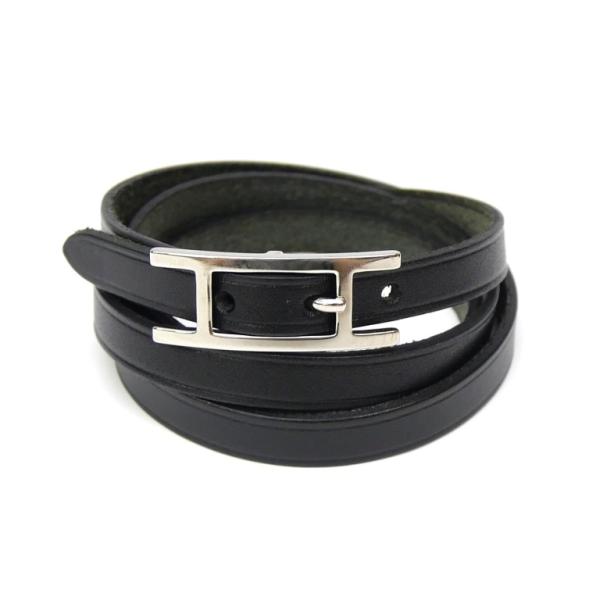 HERMES アピブレスレット アピ3 バングル 黒 シルバー金具 □D刻印 HERMES（エルメス） アピ ブレスレット □D刻印 レザー 黒 【中古