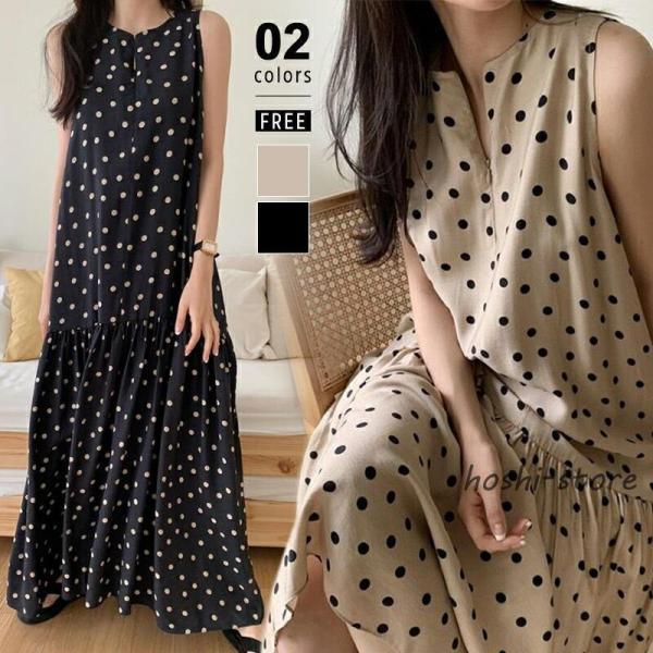 ワンピース ドット レディース ノースリーブ ティアード ロング