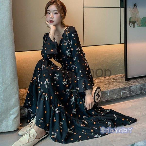 ロングワンピース 春秋シフォン レディース ワンピース花柄 黒