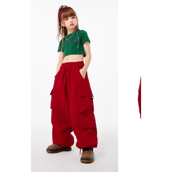 赤 キッズ ダンス 衣装ヒップホップ へそ出し ショートトップス ダンスファッション ダンス衣装 半袖 Tシャツ トップス 派手 女の子 カーゴパンツ K-POP 韓国 演