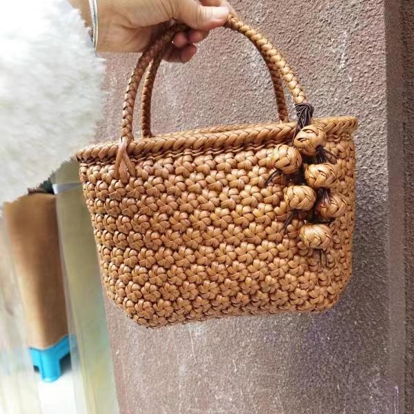 山葡萄 かごバッグ 浴衣バッグ 中 横長 巾着内袋 六角花編み