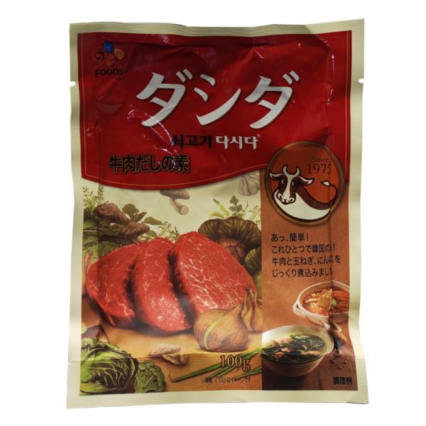 肉ダシダ(肉スープの素) 100g パックスプーン一杯でパッとできる。手軽にコクをプラス、牛肉スープを濃縮したダシダ。これひとつで、スープ、鍋、炒め物、和洋中いろいろ使える！商品内容肉ダシダ［牛肉だしの素・粉末タイプ］(100ｇ)×1賞味期...