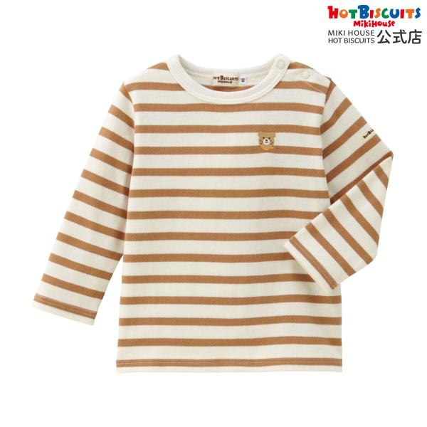 ミキハウス ボーダー柄 ワンポイント長袖Tシャツ ベージュ 80 90 100 110 120cm セール ホットビスケッツ HOT BISCUITS