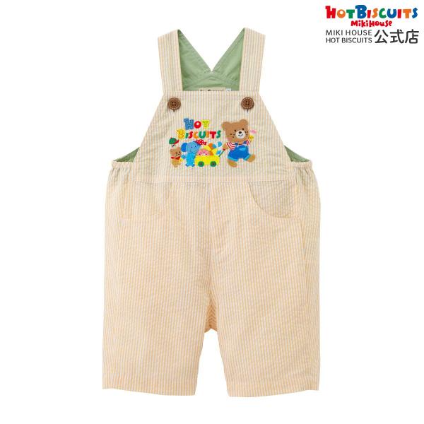 ミキハウス ビーンズ×お菓子シリーズ サッカー素材オーバーオール 黄 S(70-80cm) M(80-90cm) L(90-100cm) LL(100-110cm) ホットビスケッツ HOT BISCUITS
