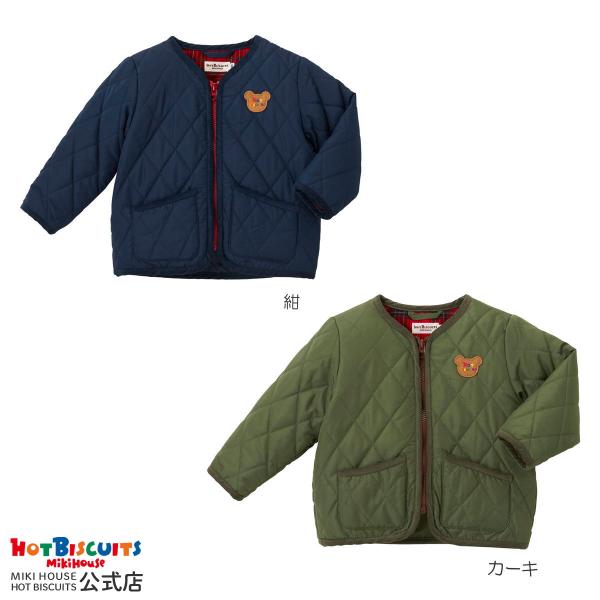 ミキハウス ホットビスケッツのキルティング 中綿ジャンパー。秋から冬まで活躍する薄手の中綿ジャンパーです。ノーカラーのデザインですっきりとした印象に◎カジュアルなインナーに合わせたスタイリングやおでかけらしく上品なアイテムとの相性もばっちり...