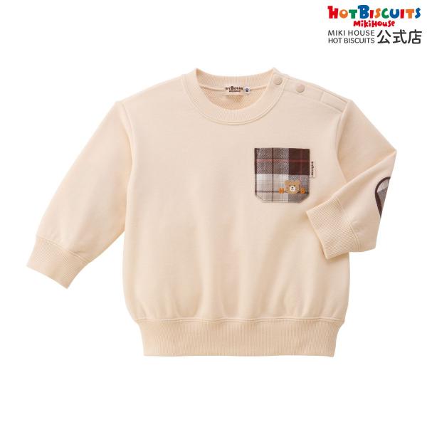 ミキハウス チェック柄 ポケット＆エルボーパッチ トレーナー アイボリー 80 90 100 110 120cm ホットビスケッツ HOT BISCUITS