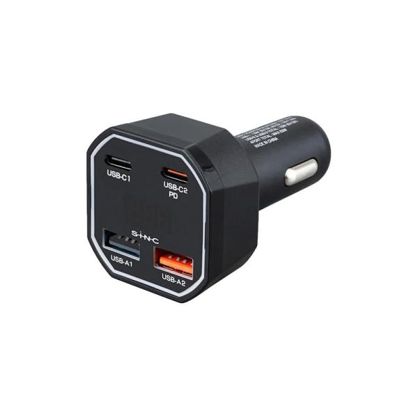 DC USBパワープラグ ブラック 最大53W PD シガーソケット 4台同時充電 ブルーLED Type-C/A  セイワ F363
