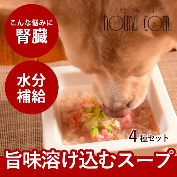 ドッグフード 水分補給 水 飲まない子に 毎日スープ4種 鶏ガラ 鹿ガラ 野菜 本格魚節 4種各 ハウンドカム食堂