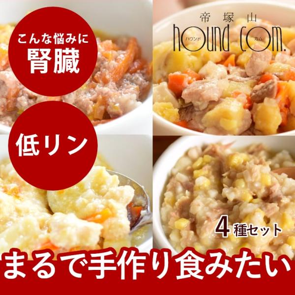 愛犬用 腎臓に優しい安心レトルトセット 4袋（1袋×4種）　犬用　パウチ　ウェットフード　一般食　国産　低リン　トッピングや栄養補助に