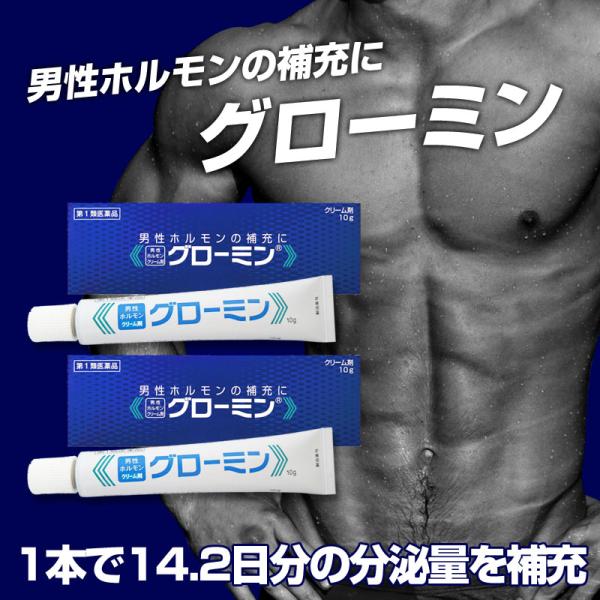 男性ホルモン軟膏 グローミンの2本セット（10g入×2本）※折返しのメールを必ずご返信下さい。2回目以降のお客様も必ずご返信下さい。【商品特長】グローミンは男性ホルモンを補給する医薬品精力剤です。人の体内で産生する天然型のテストステロンを配...