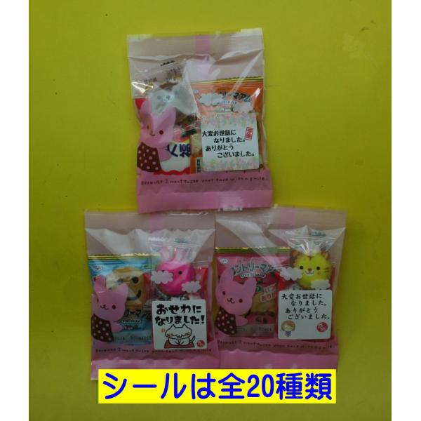 お菓子は、カントリーマム、いちご大福（又はプリン大福）アニマルヨーチの3個入りです。アニマルヨーチは500円玉ほどの大きさで８種類のうちどれかが1個入ります。（お選びいただけません。）袋の大きさは10×13cmです。シールの大きさは4cm四...