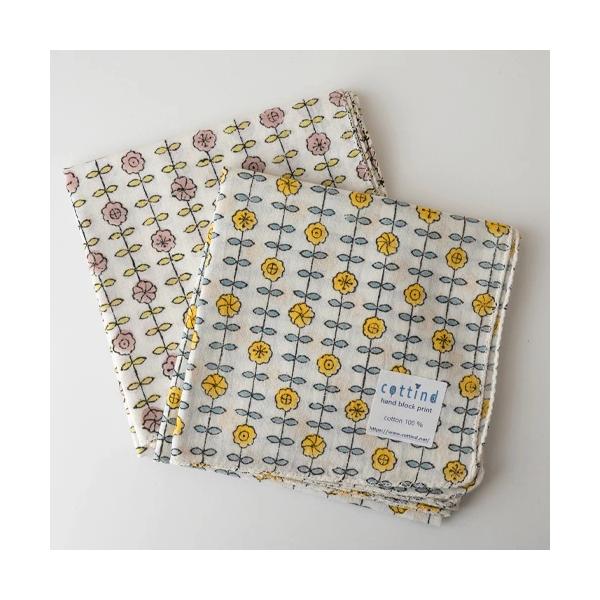 プレゼントに最適 cottind ハンカチ お花ライン ギフト インド レディース はんかち ブロックプリント