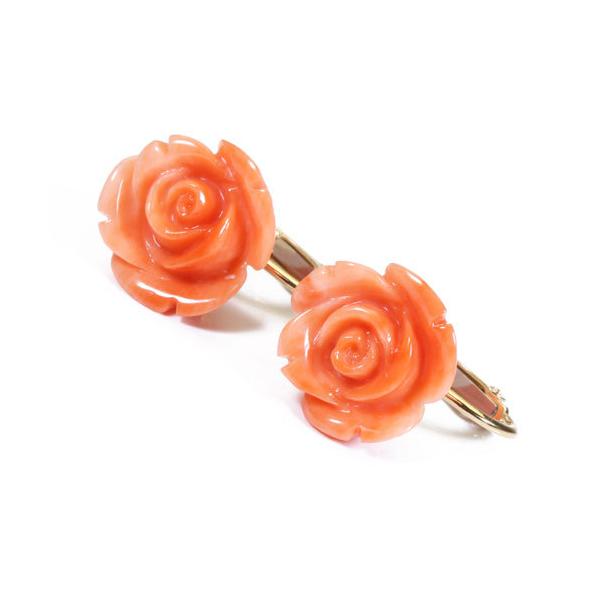 宝石珊瑚のSANSUI 桃珊瑚 イヤリング 薔薇 花 K18 イエローゴールド 無