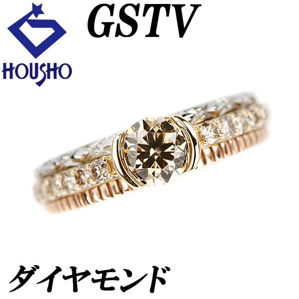 GSTV ブラウンダイヤモンド リング ダイアモンド K18YG PG Pt950 3連 