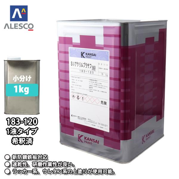 ★関西ペイント　SUアクリルプラサフを小分けで販売しております。★無地缶に詰め替えてのお届けとなります。 （商品内容）●関西ペイント　183-120　SUアクリルプラサフ（希釈済）1kg ※希釈済ですのでこのまま使用出来ます。