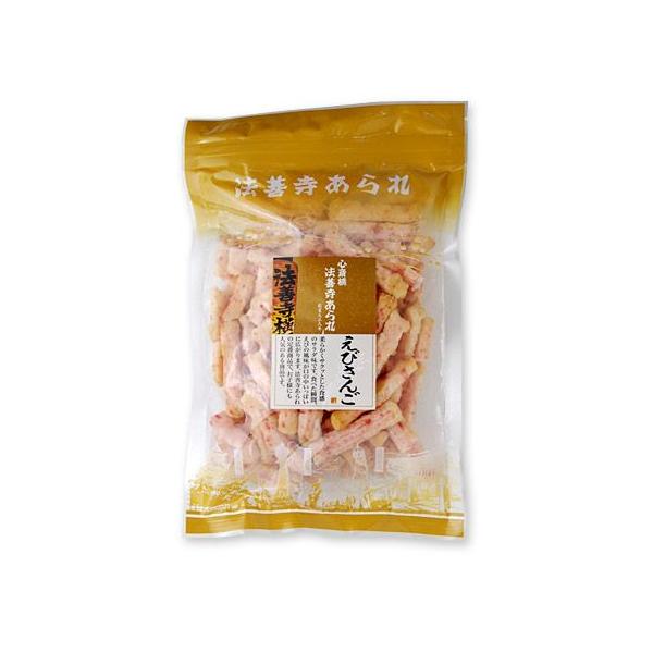 柔らかくサクッとした食感のサラダ味です。食べた瞬間えびの風味が口の中いっぱいに広がります。法善寺あられの定番で、お子様にも人気のある商品です。［分類］あられ・おかき・せんべい・かきもち