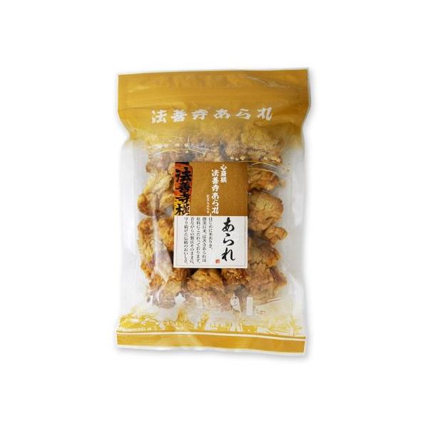 甘めの醤油味です。歯ごたえがあり、あられ好きの人に人気があります。天然の深いひびに醤油が染み込みしっかりと味がついています。法善寺あられの定番商品です。［分類］あられ・おかき・せんべい・かきもち