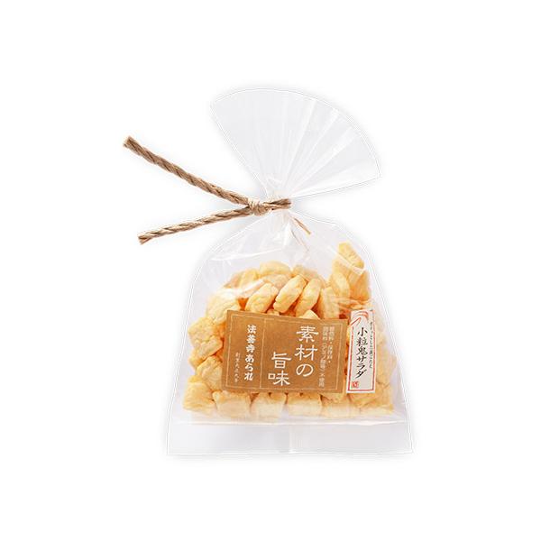 第26回 全国菓子博「金賞」受賞小型のブロック状のあられをサラダ味に仕上げました。味はうすめです。着色料・保存料・調味料(アミノ酸等)を使わずに、天然の旨みで味付けしました。［分類］あられ・おかき・せんべい・かきもち