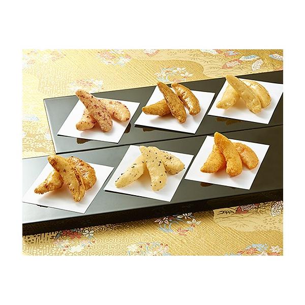 「じゃがバター・からし明太マヨ・わさび醤油・ゆず一味溜り・きんぴらごぼう・梅ざらめ」をセットしました。6種類の美味しさを贈りたいギフト箱。［分類］あられ・おかき・せんべい・かきもち・ギフト