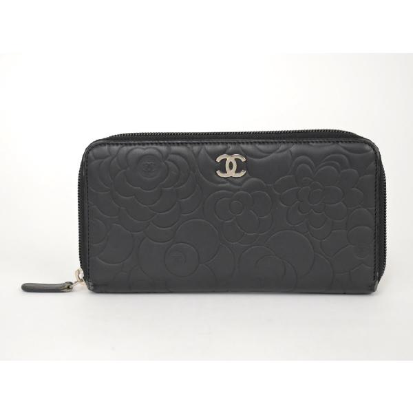 シャネル CHANEL 長財布 カメリア ブラック ラウンドファスナー