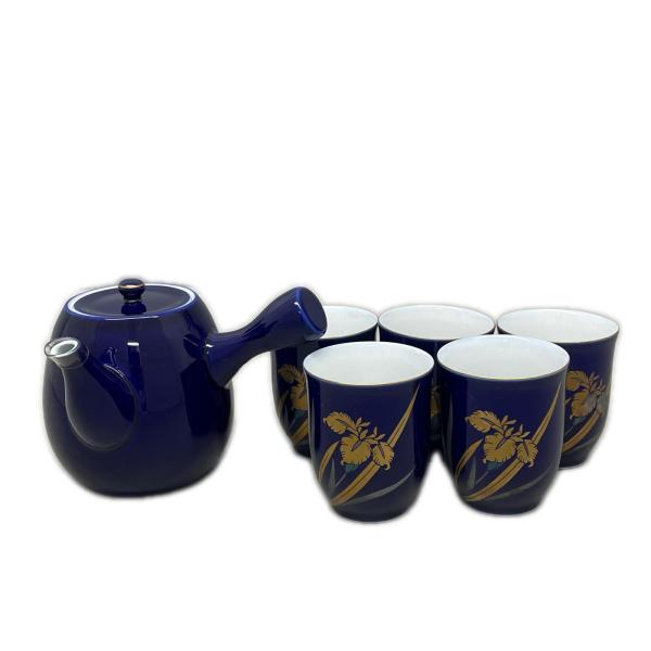 深川製磁 美術有田焼 菖蒲 茶器揃い ルリ横手茶器