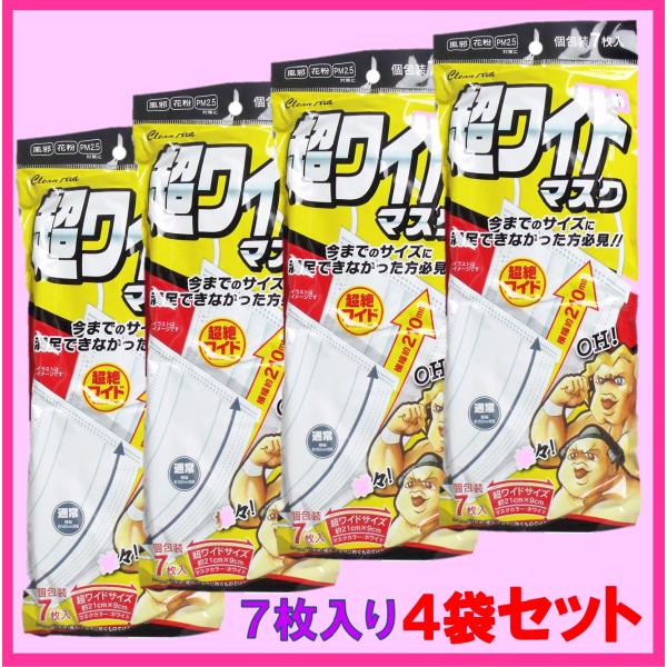 他サイト： 4袋セット　大きい  マスク　ＢＩＧ　サイズ  クリーンエイド 超ワイドマスク　 個包装 ７枚入の商品画像