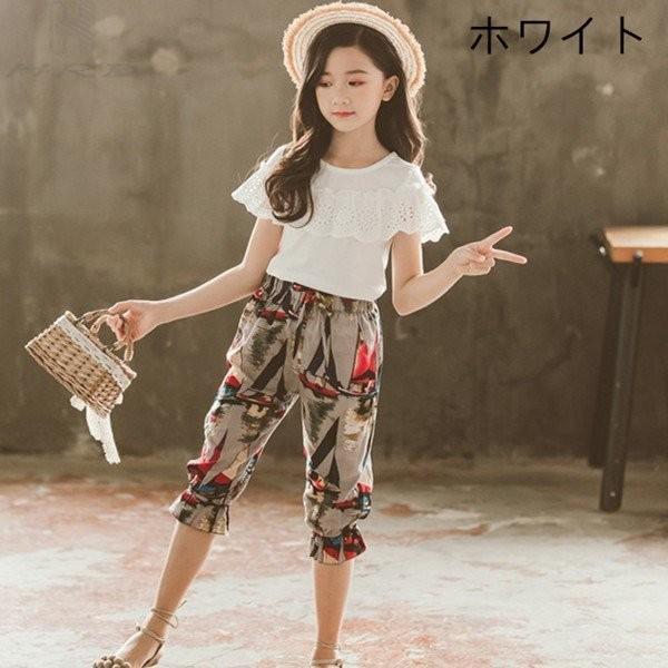 韓国子供服 キッズ セットアップ 女の子 パンツセット カジュアル 夏 透かし彫りフリル 短袖 トップス 花柄パンツ カジュアル ファッション ２点セット Winestyles Jp