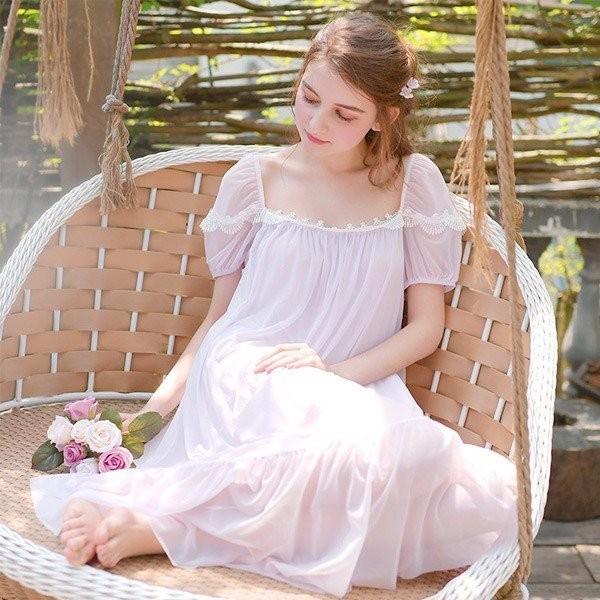 ルームウェア ワンピース レディース 春夏 ロング ネグリジェ 姫 半袖 無地 レース ルームウェア ガウン ナイトウェア 女性 可愛い 部屋着 寝巻き ワンピース Apaproduction Fr