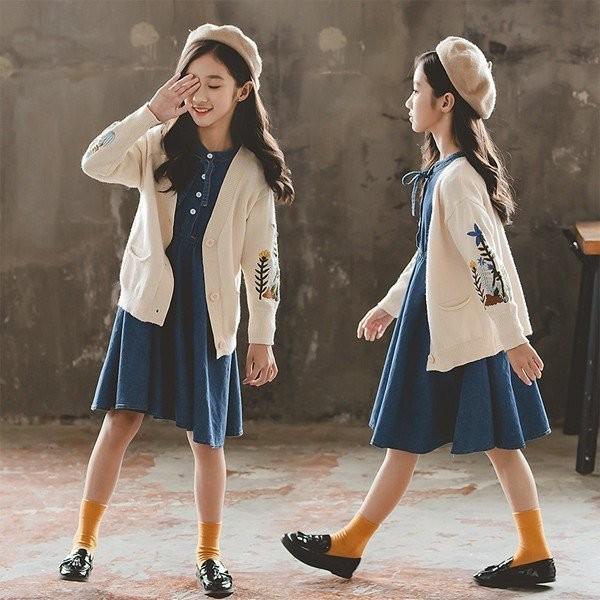 子供服 2点セット 長袖 デニム ワンピース 花柄 ニット カーディガン 女の子 子ども服 キッズ 女児 可愛い 春秋 セットアップ 学生服 Sstimage Dk