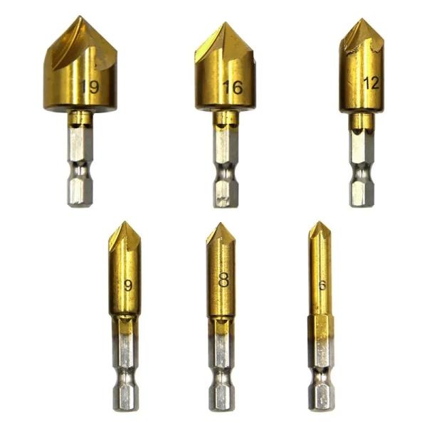 6個 木工用 チタン メッキ ドリル 面取り カッター ビット 六角 6-19mm バリ取り 皿取錐 下穴錐