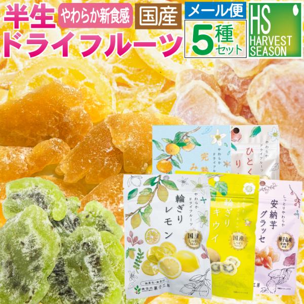【期間限定】半生 国産ドライフルーツ 5種セット 計140g(30g1袋、40g1袋、22g1袋、24g2袋) りんご/キウイ/輪切りレモン/みかん/安納芋  [メール便送料無料]