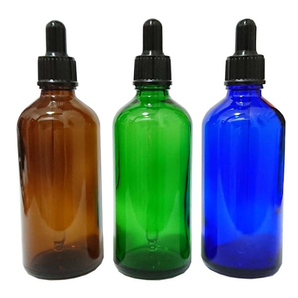 スポイト瓶100ml３本セットです。茶色・緑色・青色の３色からお選びいただけます。アロマオイルやエッセンシャルオイル等の容器としてお使いいただけます。