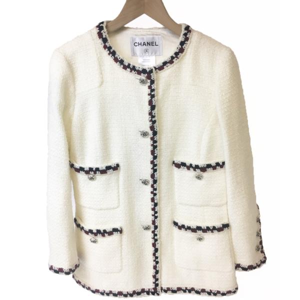 美品 シャネル ココマーク釦 ノーカラーツイードジャケット 38