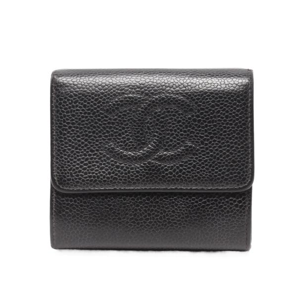 シャネル ココマーク Wホック財布 キャビアスキン 3つ折財布 ブラック　訳あり シャネル Wホック三つ折り財布 キャビアスキン ココマーク レディース