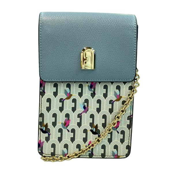 FURLA 鳥柄 ブルーレザー ポーチ