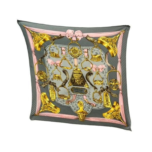 美品 エルメス プリーツスカーフ カレ90 シルク100% 鐙柄 馬具柄