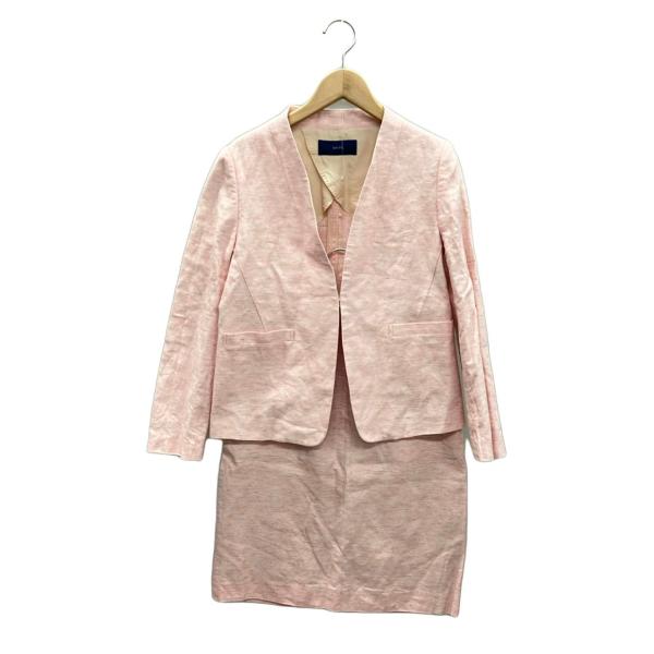 シップス ノーカラー　スーツセットアップ アイボリー ピンク　リネン　38 M 美品 シップス リネン混ノーカラーショートジャケット バック