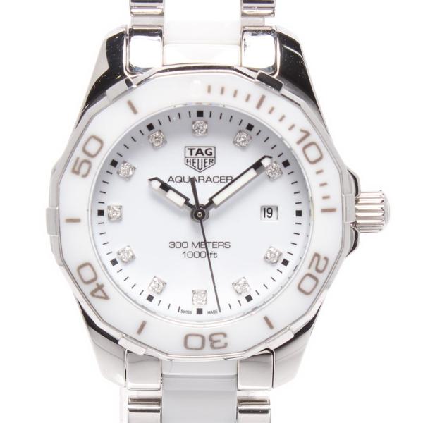 電池交換済 TAG Heuer タグホイヤー アクアレーサー WAY1413 BA0920 純正ダイヤモンド 11Pダイヤ デイト 300m防水 白 ホワイトシェル SS ステンレス レディース クォーツ【6ヶ月保証】【腕時計】【中古】 TAG Heuer - 電池交換済 TAG Heuer タグホイヤー アクアレーサー 11P