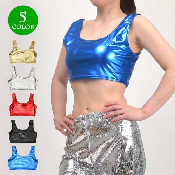 DIVAS - DIVAS★ワッペン付き★ペイント風タンクトップ★レゲエダンス衣装★ノースリーブ ステージ衣装 メタリック ショート丈 トップス ジャズ ベリーダンス