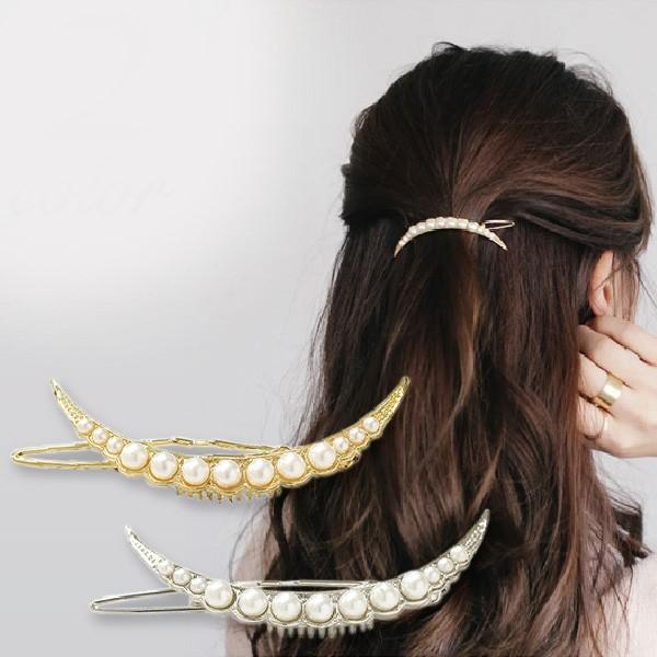 送料無料 13連パールのメタルムーン ヘアクリップ ゴールド 惑星