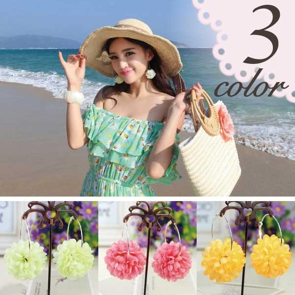 送料無料 もこもこフラワーボール フープピアス ギャル カジュアル