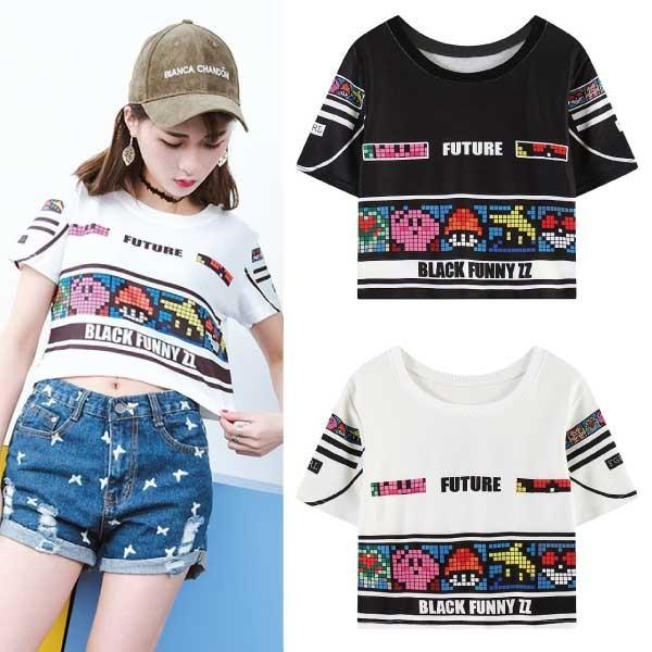 訳あり ゲームデザイン Tシャツ トップス ショート丈 へそ出し ドット絵 ビット絵 ブロック 派手 渋谷 原宿 ロックt イベント ダンス R B 夏 B B ファンシーアクセのhumming F 通販 Yahoo ショッピング
