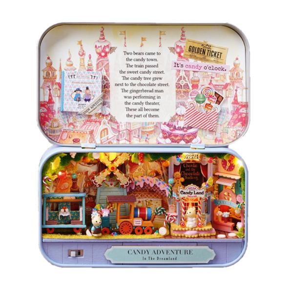 送料無料ミニチュア ドールハウスキット キャンディアドベンチャー楽しい遊園地のミニチュアドールハウスキット！少な目のパーツで初心者向けDIYキットです。ライト内臓で、点灯すると暖かな色合いのロマンティックな雰囲気になります。趣味や、入院中の...