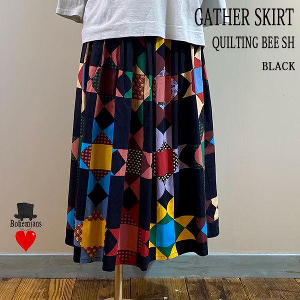 BOHEMIANSボヘミアンズギャザースカートLパッチワーク風 BOHEMIANS（ボヘミアンズ） QUILTING BEE SH GATHER SKIRT BLACK