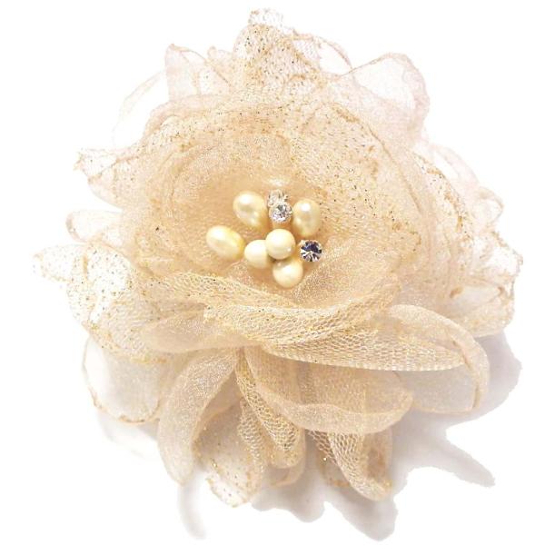 コサージュ メッシュ×オーガンジー 輝きラメ 花芯 ベージュ 9o-02 レディース 卒業式 入学式 結婚式 お洒落 ギフト